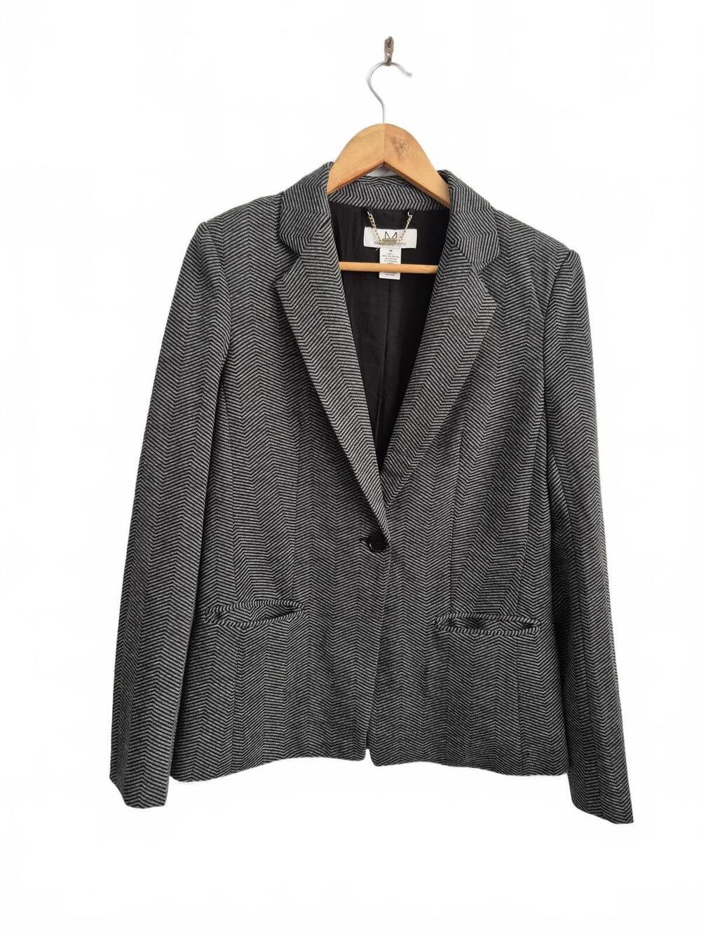 Magaschoni Women’s Black Gray Herringbone Chevron Single Button Blazer Size M